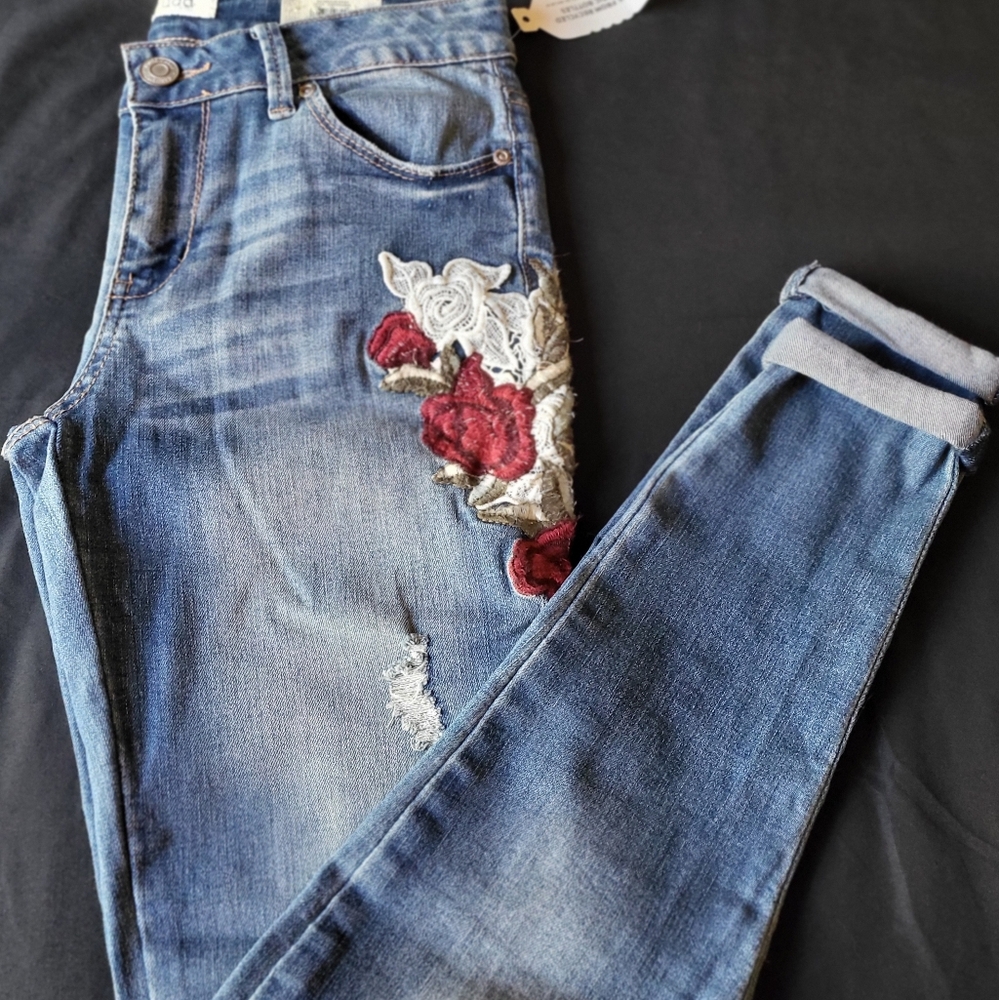 Mudd Blue Jeans with Red Floral Embroidery